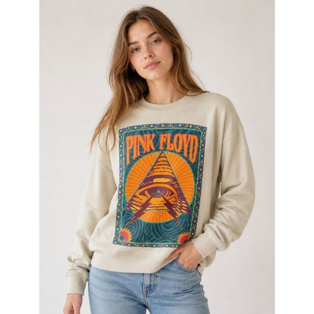 Pink Floyd Juniors XS Graphic Crewneck Sweatshirt Beige Band Pullover